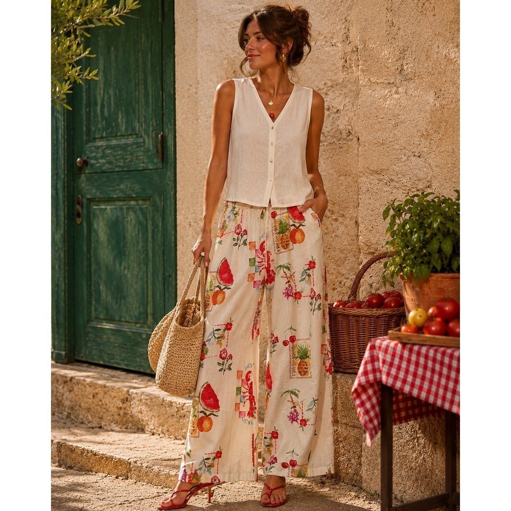 ASOS Design Women Postcard Print Wide Leg Cotton Linen Vacation Pants Cream  10